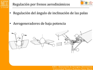 Regulación por frenos aerodinámicos

• Regulación del ángulo de inclinación de las palas

• Aerogeneradores de baja potencia
 