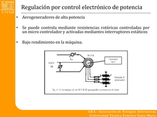 Regulación por control electrónico de potencia
• Aerogeneradores de alta potencia

• Se puede controla mediante resistencias rotóricas controladas por
  un micro controlador y activadas mediantes interruptores estáticos

• Bajo rendimiento en la máquina.
 