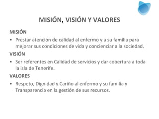 MISIÓN ,  VISIÓN Y VALORES MISIÓN Prestar atención de calidad al enfermo y a su familia para mejorar sus condiciones de vida y concienciar a la sociedad. VISIÓN Ser referentes en Calidad de servicios y dar cobertura a toda la isla de Tenerife. VALORES Respeto, Dignidad y Cariño al enfermo y su familia y Transparencia en la gestión de sus recursos. 