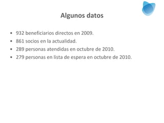Algunos datos 932 beneficiarios directos en 2009. 861 socios en la actualidad. 289 personas atendidas en octubre de 2010. 279 personas en lista de espera en octubre de 2010. 