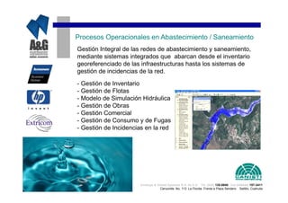 Procesos Operacionales en Abastecimiento / Saneamiento
Gestión Integral de las redes de abastecimiento y saneamiento,
mediante sistemas integrados que abarcan desde el inventario
georeferenciado de las infraestructuras hasta los sistemas de
gestión de incidencias de la red.

- Gestión de Inventario
- Gestión de Flotas
- Modelo de Simulación Hidráulica
- Gestión de Obras
- Gestión Comercial
- Gestión de Consumo y de Fugas
- Gestión de Incidencias en la red




                      Analisys & Global Systems S.A. de C.V. Tel. (844) 135-0840 Cel.(044844) 157-3411
                                   Cenzontle No. 113 La Florida Frente a Plaza Sendero Saltillo, Coahuila
 