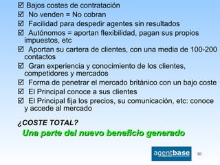 Bajos costes de contratación No venden = No cobran Facilidad para despedir agentes sin resultados Autónomos = aportan flexibilidad, pagan sus propios impuestos, etc Aportan su cartera de clientes, con una media de 100-200 contactos Gran experiencia y conocimiento de los clientes, competidores y mercados Forma de penetrar el mercado británico con un bajo coste El Principal conoce a sus clientes El Principal fija los precios, su comunicación, etc: conoce y accede al mercado  ¿COSTE TOTAL? Una parte del nuevo beneficio generado 