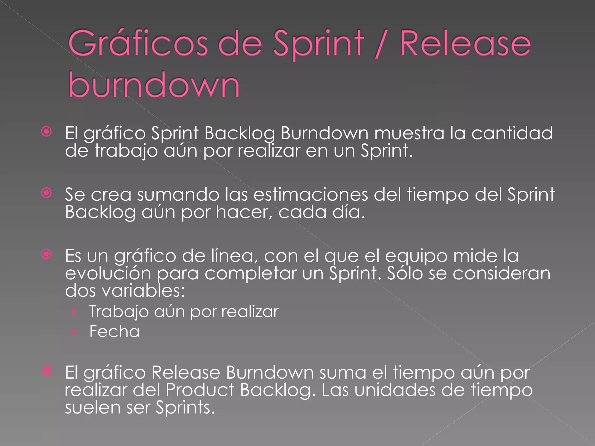 El gráfico Sprint Backlog Burndown muestra la cantidad de trabajo aún por realizar en un Sprint. Se crea sumando las estimaciones del tiempo del Sprint Backlog aún por hacer, cada día. Es un gráfico de línea, con el que el equipo mide la evolución para completar un Sprint. Sólo se consideran dos variables: Trabajo aún por realizar Fecha El gráfico Release Burndown suma el tiempo aún por realizar del Product Backlog. Las unidades de tiempo suelen ser Sprints.  