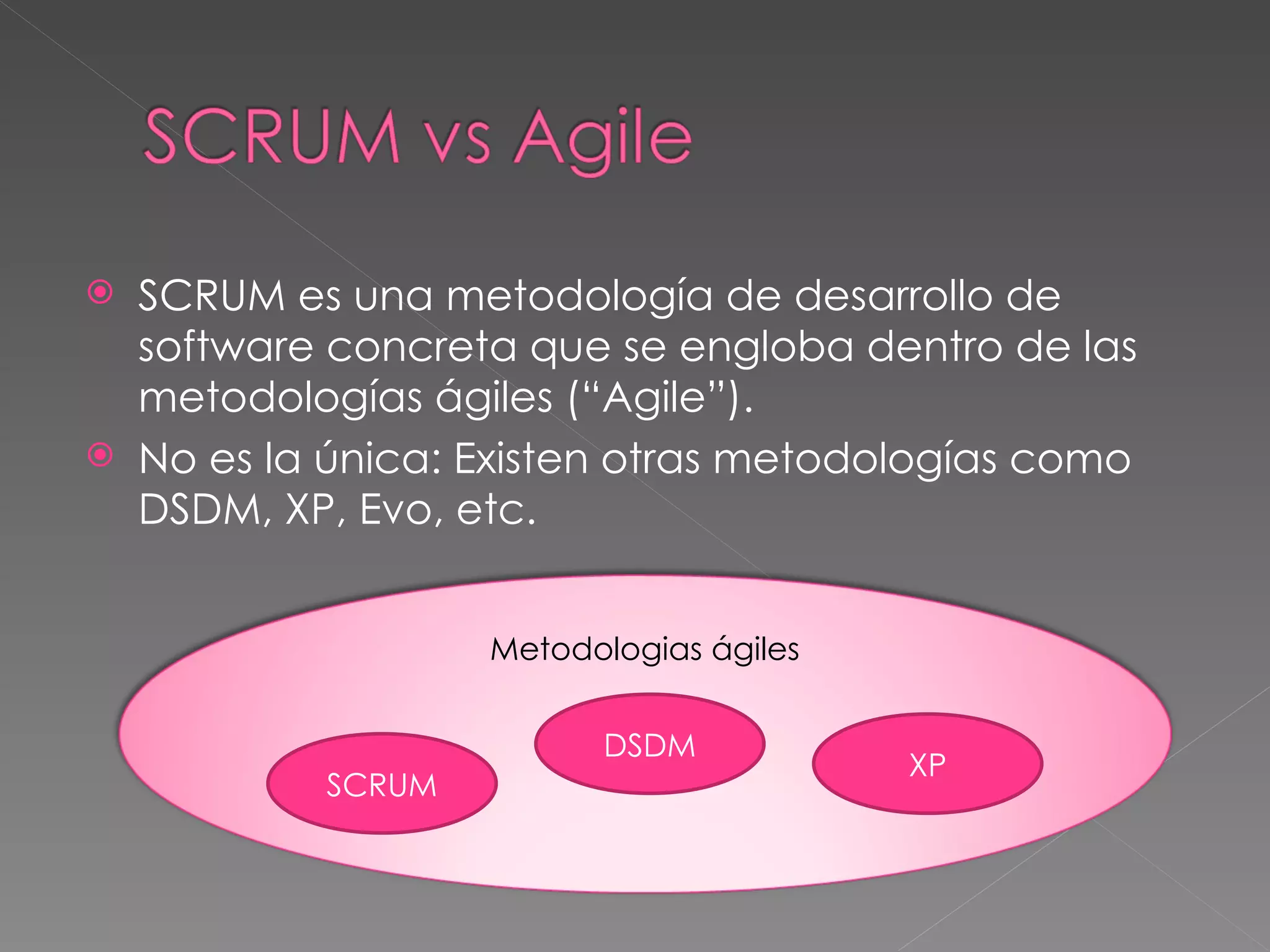 SCRUM es una metodología de desarrollo de software concreta que se engloba dentro de las metodologías ágiles (“Agile”). No es la única: Existen otras metodologías como DSDM, XP, Evo, etc. SCRUM DSDM XP Metodologias ágiles 