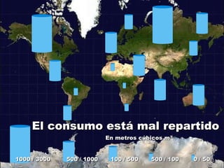 1000 / 3000 500 / 1000 100 / 500 500 / 100 0 / 50 En metros cúbicos m 3 El consumo está mal repartido 