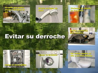 Evitar su derroche Un grifo que gotea pierde 100 litros al día Llenar el lavavajillas Llenar la lavadora No vaciar mucho el WC y no tirar sólidos Juntar cacharros para lavarlos Sistemas de ahorro en los grifos Ducha en lugar de baño 