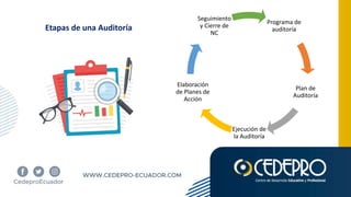 Etapas de una Auditoría
Programa de
auditoría
Plan de
Auditoría
Ejecución de
la Auditoría
Elaboración
de Planes de
Acción
Seguimiento
y Cierre de
NC
 