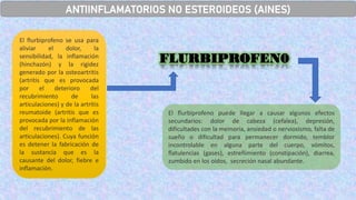 ANTIINFLAMATORIOS NO ESTEROIDEOS (AINES)
El flurbiprofeno se usa para
aliviar el dolor, la
sensibilidad, la inflamación
(hinchazón) y la rigidez
generado por la osteoartritis
(artritis que es provocada
por el deterioro del
recubrimiento de las
articulaciones) y de la artritis
reumatoide (artritis que es
provocada por la inflamación
del recubrimiento de las
articulaciones). Cuya función
es detener la fabricación de
la sustancia que es la
causante del dolor, fiebre e
inflamación.
El flurbiprofeno puede llegar a causar algunos efectos
secundarios: dolor de cabeza (cefalea), depresión,
dificultades con la memoria, ansiedad o nerviosismo, falta de
sueño o dificultad para permanecer dormido, temblor
incontrolable en alguna parte del cuerpo, vómitos,
flatulencias (gases), estreñimiento (constipación), diarrea,
zumbido en los oídos, secreción nasal abundante.
FLURBIPROFEN0
 