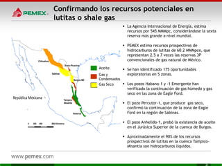 Confirmando los recursos potenciales en
lutitas o shale gas
0 400 800 Kilómetros200
Chihuahua
Sabinas
Burro-Picachos
Burgos MZ
Tampico-
Misantla
Veracruz
Gas seco
Gas y condensado
Aceite
República Mexicana
Gas y aceite en
estudio
Aceite
Gas y
Condensados
Gas Seco
 La Agencia Internacional de Energía, estima
recursos por 545 MMMpc, considerándose la sexta
reserva más grande a nivel mundial.
 PEMEX estima recursos prospectivos de
hidrocarburos de lutitas de 60.2 MMMpce, que
representan 2.5 a 7 veces las reservas 3P
convencionales de gas natural de México.
 Se han identificado 175 oportunidades
exploratorias en 5 zonas.
 Los pozos Habano-1 y -1 Emergente han
verificado la continuación de gas húmedo y gas
seco en las zona de Eagle Ford.
 El pozo Percutor-1, que produce gas seco,
confirmó la continuación de la zona de Eagle
Ford en la región de Sabinas.
 El pozo Anhelido-1, probó la existencia de aceite
en el Jurásico Superior de la cuenca de Burgos.
 Aproximadamente el 90% de los recursos
prospectivos de lutitas en la cuenca Tampico-
Misantla son hidrocarburos líquidos.
 