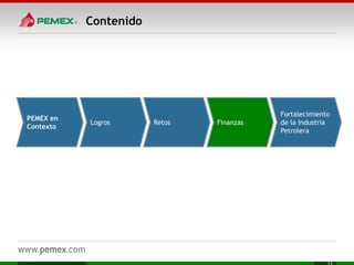Contenido
Retos
PEMEX en
Contexto
Logros Finanzas
Fortalecimiento
de la Industria
Petrolera
 
