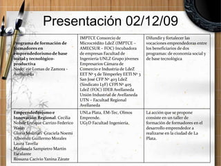 Presentación 02/12/09
Programa de formación de
formadores en
emprendedorismo de base
social y tecnológicoproductiva
Nodo: eje Lomas de Zamora Avellaneda

Emprendedorismo e
Innovación Regional. Cecilia
Nobile Enrique Carrizo Federico
Walas
Gloria Molinari Graciela Noemi
Albornoz Guillermo Morales
Laura Tavella
Marianela Sampietro Martín
Escalante
Rossana Cacivio Yanina Zárate

IMPTCE Consorcio de
Microcrédito LdeZ (IMPTCE –
AMECSUR – FOC) Incubadora
de empresas Facultad de
Ingeniería UNLZ Grupo jóvenes
Empresarios Cámara de
Comercio e Industria de LdeZ
EET Nº 5 de Témperley EETl Nº 3
San José CFP Nº 403 LdeZ
(Sindicato LyF) CFPl Nº 405
LdeZ (FOC) IDEB Avellaneda
Unión Industrial de Avellaneda
UTN – Facultad Regional
Avellaneda

Difundir y fortalecer las
vocaciones emprendedoras entre
los beneficiarios de dos
programas: de economía social y
de base tecnológica

UNLa Plata, EM-Tec, Olmos
Emprende.
UGyD Facultad Ingeniería.

La acción que se propone
consiste en un taller de
formación de formadores en el
desarrollo emprendedor a
realizarse en la ciudad de La
Plata.

 