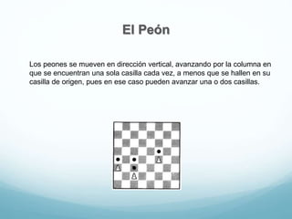 El Peón
Los peones se mueven en dirección vertical, avanzando por la columna en
que se encuentran una sola casilla cada vez, a menos que se hallen en su
casilla de origen, pues en ese caso pueden avanzar una o dos casillas.
 