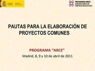 PAUTAS PARA LA ELABORACIÓN DE PROYECTOS COMUNES   PROGRAMA “ARCE”   Madrid, 8, 9 y 10 de abril de 2011 
