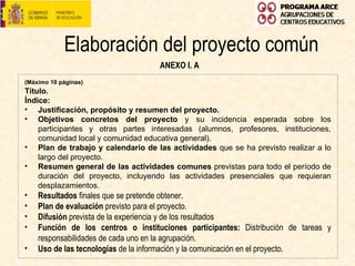 Elaboración del proyecto común ANEXO III   Descripción del Proyecto común de la agrupación (máx. 10 páginas)     ANEXO I. A (Máximo 10 páginas)   Título.   Índice: Justificación, propósito   y resumen del proyecto.  Objetivos concretos del proyecto  y su incidencia esperada sobre los participantes y otras partes interesadas (alumnos, profesores, instituciones, comunidad local y comunidad educativa general). Plan de trabajo y calendario de las actividades  que se ha previsto realizar a lo largo del proyecto. Resumen general de las actividades comunes  previstas para todo el período de duración del proyecto, incluyendo las actividades presenciales que requieran desplazamientos.  Resultados  finales que se pretende obtener.  Plan de evaluación  previsto para el proyecto. Difusión  prevista de la experiencia y de los resultados Función de los centros o instituciones participantes:  Distribución de tareas y responsabilidades de cada uno en la agrupación. Uso de las tecnologías  de la información y la comunicación en el proyecto. 