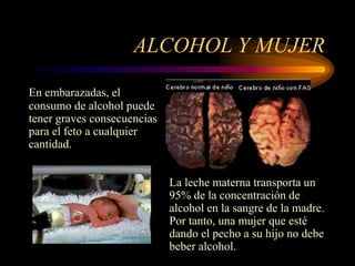 ALCOHOL Y MUJER
En embarazadas, el
consumo de alcohol puede
tener graves consecuencias
para el feto a cualquier
cantidad.
La leche materna transporta un
95% de la concentración de
alcohol en la sangre de la madre.
Por tanto, una mujer que esté
dando el pecho a su hijo no debe
beber alcohol.
 