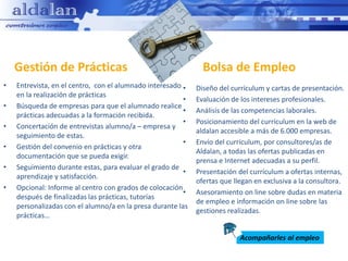 Gestión de Prácticas                                       Bolsa de Empleo
•   Entrevista, en el centro, con el alumnado interesado •   Diseño del currículum y cartas de presentación.
    en la realización de prácticas
                                                         •   Evaluación de los intereses profesionales.
•   Búsqueda de empresas para que el alumnado realice
                                                         •   Análisis de las competencias laborales.
    prácticas adecuadas a la formación recibida.
                                                         •   Posicionamiento del currículum en la web de
•   Concertación de entrevistas alumno/a – empresa y
                                                             aldalan accesible a más de 6.000 empresas.
    seguimiento de estas.
                                                         •   Envío del currículum, por consultores/as de
•   Gestión del convenio en prácticas y otra
                                                             Aldalan, a todas las ofertas publicadas en
    documentación que se pueda exigir.
                                                             prensa e Internet adecuadas a su perfil.
•   Seguimiento durante estas, para evaluar el grado de
                                                         •   Presentación del currículum a ofertas internas,
    aprendizaje y satisfacción.
                                                             ofertas que llegan en exclusiva a la consultora.
•   Opcional: Informe al centro con grados de colocación
                                                         •   Asesoramiento on line sobre dudas en materia
    después de finalizadas las prácticas, tutorías
                                                             de empleo e información on line sobre las
    personalizadas con el alumno/a en la presa durante las
                                                             gestiones realizadas.
    prácticas…

                                                                           Acompañarles al empleo
 