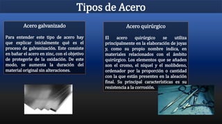 Tipos de Acero
Acero galvanizado
Para entender este tipo de acero hay
que explicar inicialmente qué es el
proceso de galvanización. Este consiste
en bañar el acero en zinc, con el objetivo
de protegerle de la oxidación. De este
modo, se aumenta la duración del
material original sin alteraciones.
Acero quirúrgico
El acero quirúrgico se utiliza
principalmente en la elaboración de joyas
y, como su propio nombre indica, en
materiales relacionados con el ámbito
quirúrgico. Los elementos que se añaden
son el cromo, el níquel y el molibdeno,
ordenador por la proporción o cantidad
con la que están presentes en la aleación
final. Su principal características es su
resistencia a la corrosión.
 