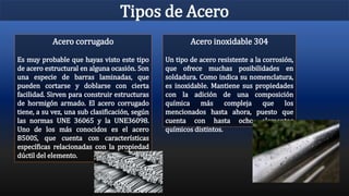 Tipos de Acero
Acero corrugado
Es muy probable que hayas visto este tipo
de acero estructural en alguna ocasión. Son
una especie de barras laminadas, que
pueden cortarse y doblarse con cierta
facilidad. Sirven para construir estructuras
de hormigón armado. El acero corrugado
tiene, a su vez, una sub clasificación, según
las normas UNE 36065 y la UNE36098.
Uno de los más conocidos es el acero
B500S, que cuenta con características
específicas relacionadas con la propiedad
dúctil del elemento.
Acero inoxidable 304
Un tipo de acero resistente a la corrosión,
que ofrece muchas posibilidades en
soldadura. Como indica su nomenclatura,
es inoxidable. Mantiene sus propiedades
con la adición de una composición
química más compleja que los
mencionados hasta ahora, puesto que
cuenta con hasta ocho elementos
químicos distintos.
 