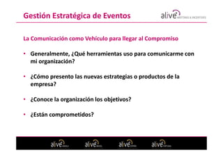 Gestión Estratégica de Eventos

La Comunicación como Vehículo para llegar al Compromiso

• Generalmente, ¿Qué herramientas uso para comunicarme con
  mi organización?

• ¿Cómo presento las nuevas estrategias o productos de la
  empresa?

• ¿Conoce la organización los objetivos?

• ¿Están comprometidos?
 