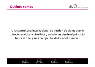 Quiénes somos




Una consultoría internacional de gestión de viajes que le
ofrece servicios a nivel local, soluciones desde el principio
    hasta el final y una competitividad a nivel mundial.
 