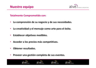 Nuestro equipo

Totalmente Comprometido con:

• La comprensión de su negocio y de sus necesidades.

• La creatividad y el mensaje como arte para el éxito.

• Establecer objetivos medibles.

• Acceder a los precios más competitivos.

• Obtener resultados.

• Proveer una gestión completa de sus eventos.
 