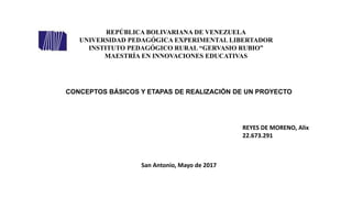 REPÚBLICA BOLIVARIANA DE VENEZUELA
UNIVERSIDAD PEDAGÓGICA EXPERIMENTAL LIBERTADOR
INSTITUTO PEDAGÓGICO RURAL “GERVASIO RUBIO”
MAESTRÍA EN INNOVACIONES EDUCATIVAS
CONCEPTOS BÁSICOS Y ETAPAS DE REALIZACIÓN DE UN PROYECTO
REYES DE MORENO, Alix
22.673.291
San Antonio, Mayo de 2017
 