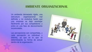 AMBIENTE ORGANIZACIONAL
Un ambiente demasiado rígido, una
estructura organizacional mal
definida y no evolutiva harán que
una empresa se deje aventajar
fácilmente por sus competidores y
entre en una fase de decrecimiento
incontrolable.
Las percepciones son compartidas, y
cada percepción es individual y
distinta, ya que es lo que va
determinando su forma de actuar
dentro de la organización.
 