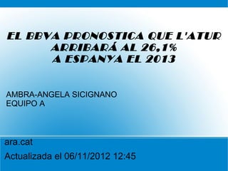 EL BBVA PRONOSTICA QUE L'ATUR
      ARRIBARÁ AL 26,1%
      A ESPANYA EL 2013


AMBRA-ANGELA SICIGNANO
EQUIPO A



ara.cat
Actualizada el 06/11/2012 12:45
 