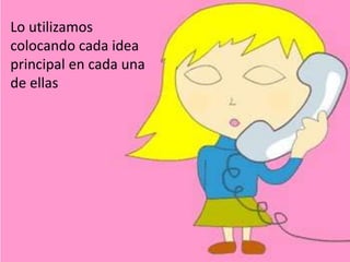 Lo utilizamos 
colocando cada idea 
principal en cada una 
de ellas 
 