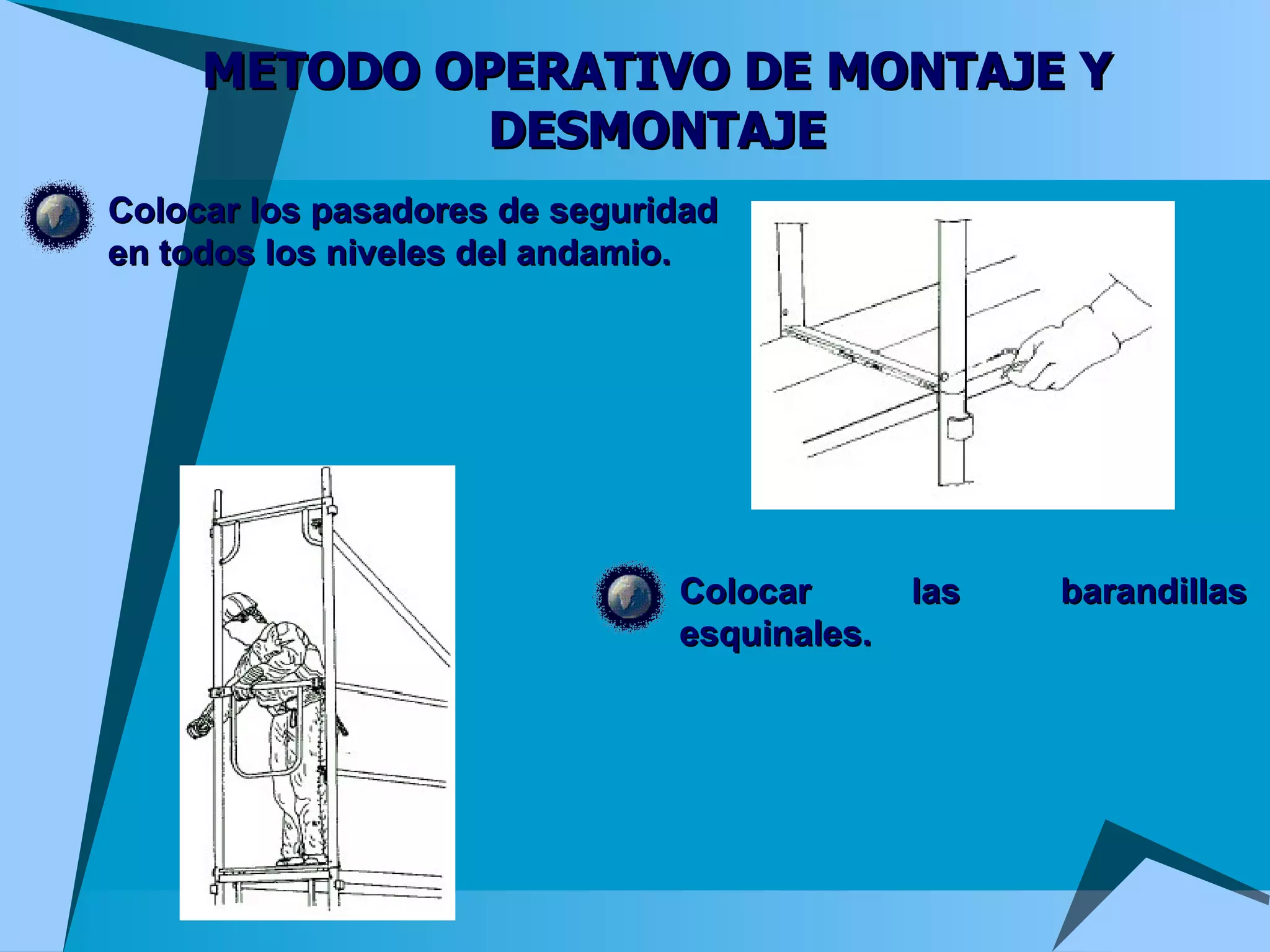 METODO OPERATIVO DE MONTAJE Y DESMONTAJE Colocar los pasadores de seguridad en todos los niveles del andamio. Colocar las barandillas esquinales. 