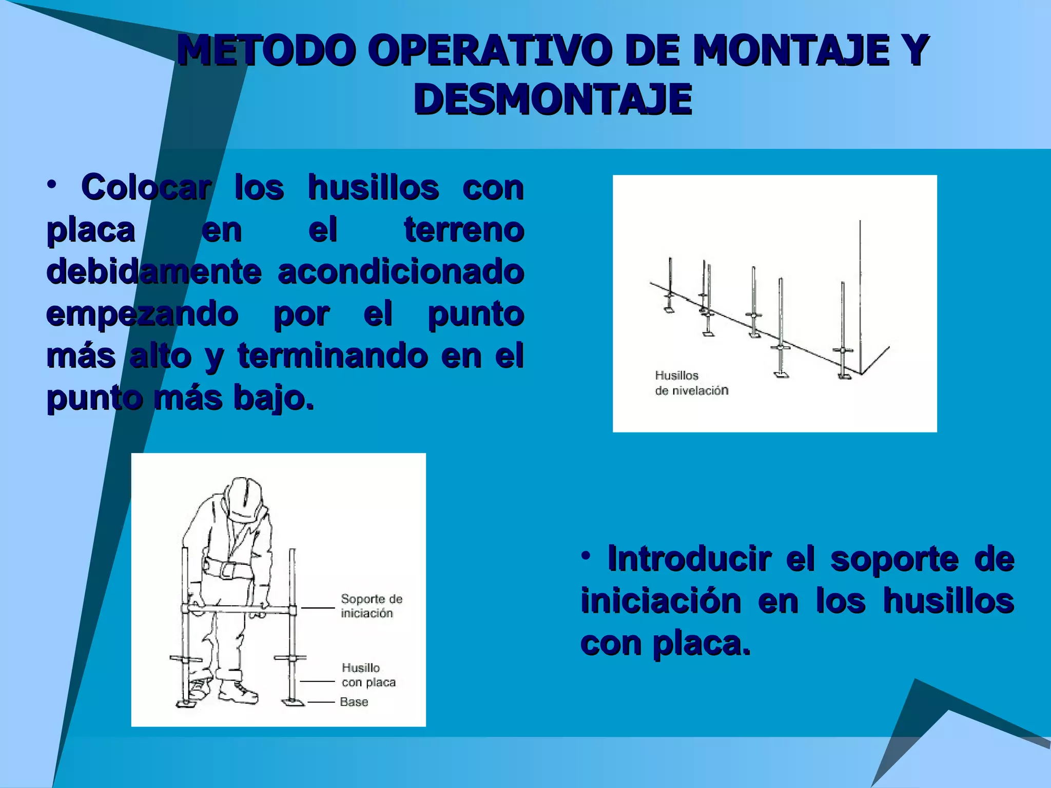 METODO OPERATIVO DE MONTAJE Y DESMONTAJE Colocar los husillos con placa en el terreno debidamente acondicionado empezando por el punto más alto y terminando en el punto más bajo. Introducir el soporte de iniciación en los husillos con placa. 
