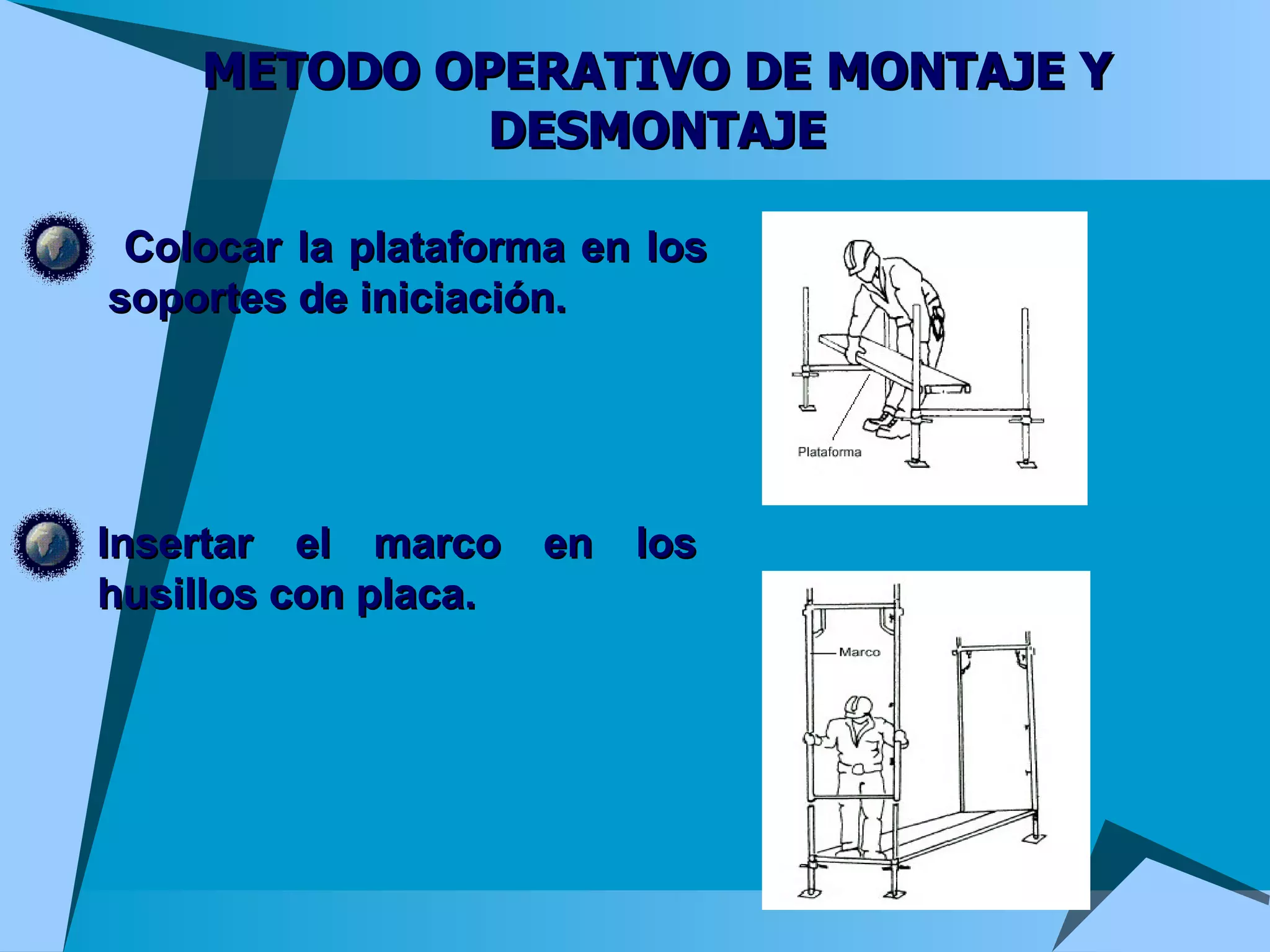 METODO OPERATIVO DE MONTAJE Y DESMONTAJE Colocar la plataforma en los soportes de iniciación. Insertar el marco en los husillos con placa. 