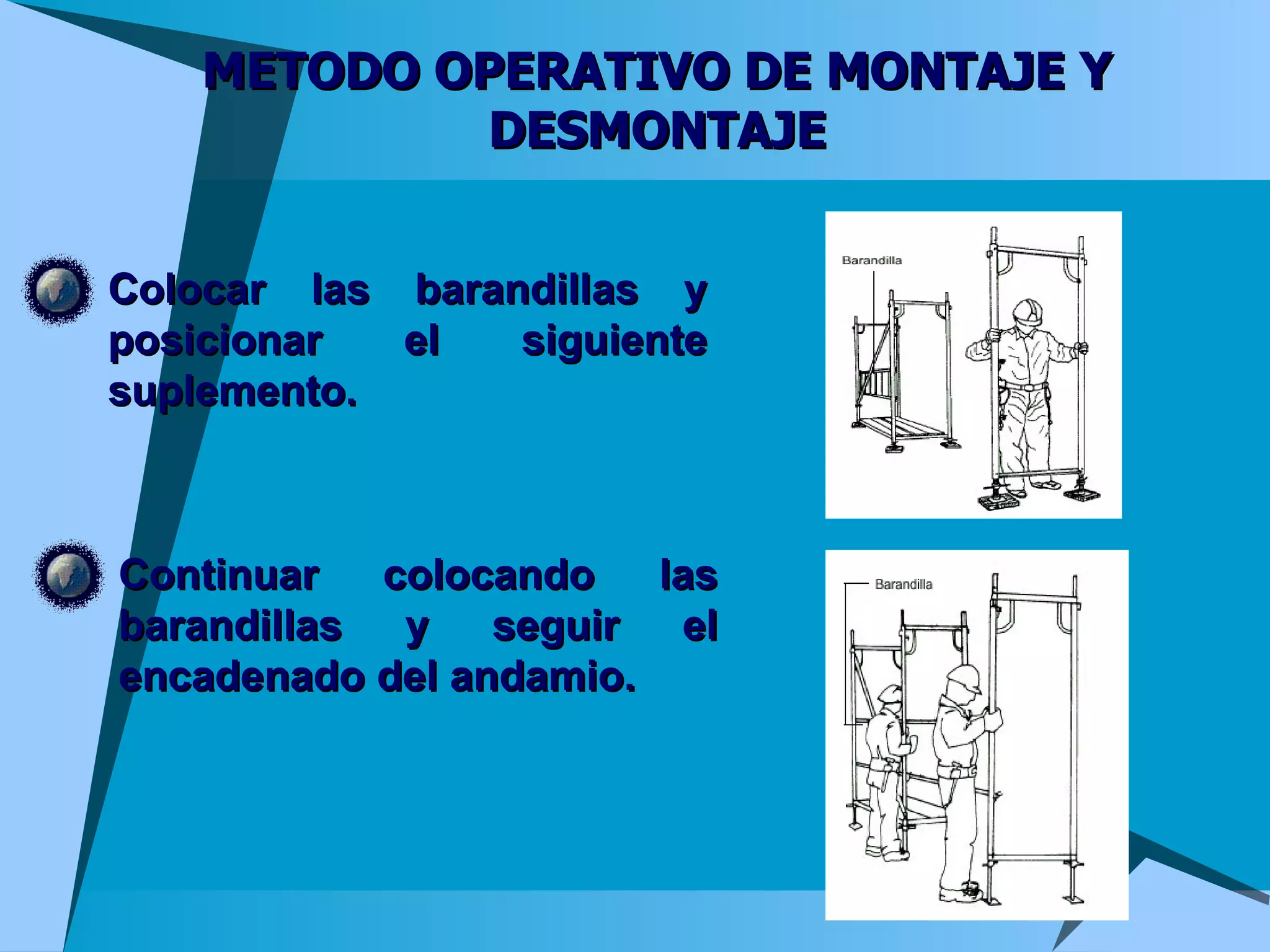 METODO OPERATIVO DE MONTAJE Y DESMONTAJE Colocar las barandillas y posicionar el siguiente suplemento. Continuar colocando las barandillas y seguir el encadenado del andamio. 