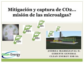 Mitigación y captura de CO2…
 misión de las microalgas?




                ANDREA IRARRÁZAVAL O.
                  GERENTE GENERAL
                 CLEAN ENERGY ESB SA
 