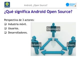 Android, ¿Open Source?


¿Qué significa Android Open Source?
Perspectiva de 3 actores:
 Industria móvil.
 Usuarios.
 Desarrolladores.
 
