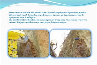 Esses buracos também são usados como áreas de captação de águas com grandes diferenças de nível, de modo que podem obter aportes  de água sem precisar de equipamento de bombagem.  São amplamente utilizados como drenagem em áreas onde é necessário remover o excesso de água contida no solo e em poços de bombeamento 