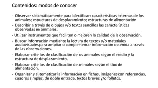 Contenidos: modos de conocer
- Observar sistemáticamente para identificar: características externas de los
animales; estructuras de desplazamiento; estructuras de alimentación.
- Describir a través de dibujos y/o textos sencillos las características
observadas en animales.
- Utilizar instrumentos que faciliten o mejoren la calidad de la observación.
- Buscar información mediante la lectura de textos y/o materiales
audiovisuales para ampliar o complementar información obtenida a través
de las observaciones.
- Elaborar criterios de clasificación de los animales según el medio y la
estructura de desplazamiento.
- Elaborar criterios de clasificación de animales según el tipo de
alimentación.
- Organizar y sistematizar la información en fichas, imágenes con referencias,
cuadros simples, de doble entrada, textos breves y/o folletos.
 