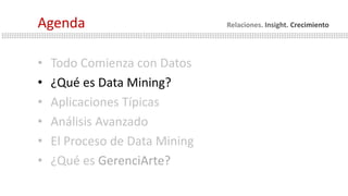 • Todo Comienza con Datos
• ¿Qué es Data Mining?
• Aplicaciones Típicas
• Análisis Avanzado
• El Proceso de Data Mining
• ¿Qué es GerenciArte?
Agenda Relaciones. Insight. Crecimiento
 