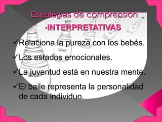 Estrategias de comprensión
•INTERPRETATIVAS

Relaciona la pureza con los bebés.
Los estados emocionales.
La juventud está en nuestra mente.
El baile representa la personalidad
de cada individuo.

 