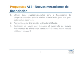 Propuestas AEE ‐ Nuevos mecanismos de 
financiación
1. Utilizar tasas medioambientales para la financiación de
proyectos e...