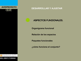 ANTEPROYECTO QUE ASPECTOS FUNCIONALES. Organigrama funcional Relación de los espacios Paquetes funcionales ¿cómo funciona el conjunto? DESARROLLAR Y AJUSTAR ARQ. JOSE R. ITURIAGA 