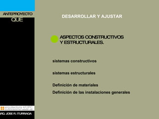 ANTEPROYECTO QUE ASPECTOS CONSTRUCTIVOS  Y ESTRUCTURALES. sistemas constructivos sistemas estructurales Definición de materiales Definición de las instalaciones generales DESARROLLAR Y AJUSTAR ARQ. JOSE R. ITURRIAGA 