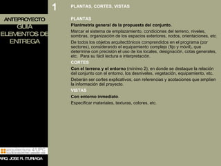 ANTEPROYECTO GUIA ELEMENTOS DE ENTREGA PLANTAS, CORTES, VISTAS PLANTAS Planimetría general de la propuesta del conjunto. Marcar el sistema de emplazamiento, condiciones del terreno, niveles, sombras, organización de los espacios exteriores, nodos, orientaciones, etc. De todos los objetos arquitectónicos comprendidos en el programa (por sectores), considerando el equipamiento complejo (fijo y móvil), que determine con precisión el uso de los locales, designación, cotas generales, etc.  Para su fácil lectura e interpretación.  CORTES Con el terreno y el entorno  (mínimo 2), en donde se destaque la relación del conjunto con el entorno, los desniveles, vegetación, equipamiento, etc. Deberán ser cortes explicativos, con referencias y acotaciones que amplíen la información del proyecto. VISTAS Con entorno inmediato .  Especificar materiales, texturas, colores, etc. 1 ARQ. JOSE R. ITURIAGA 