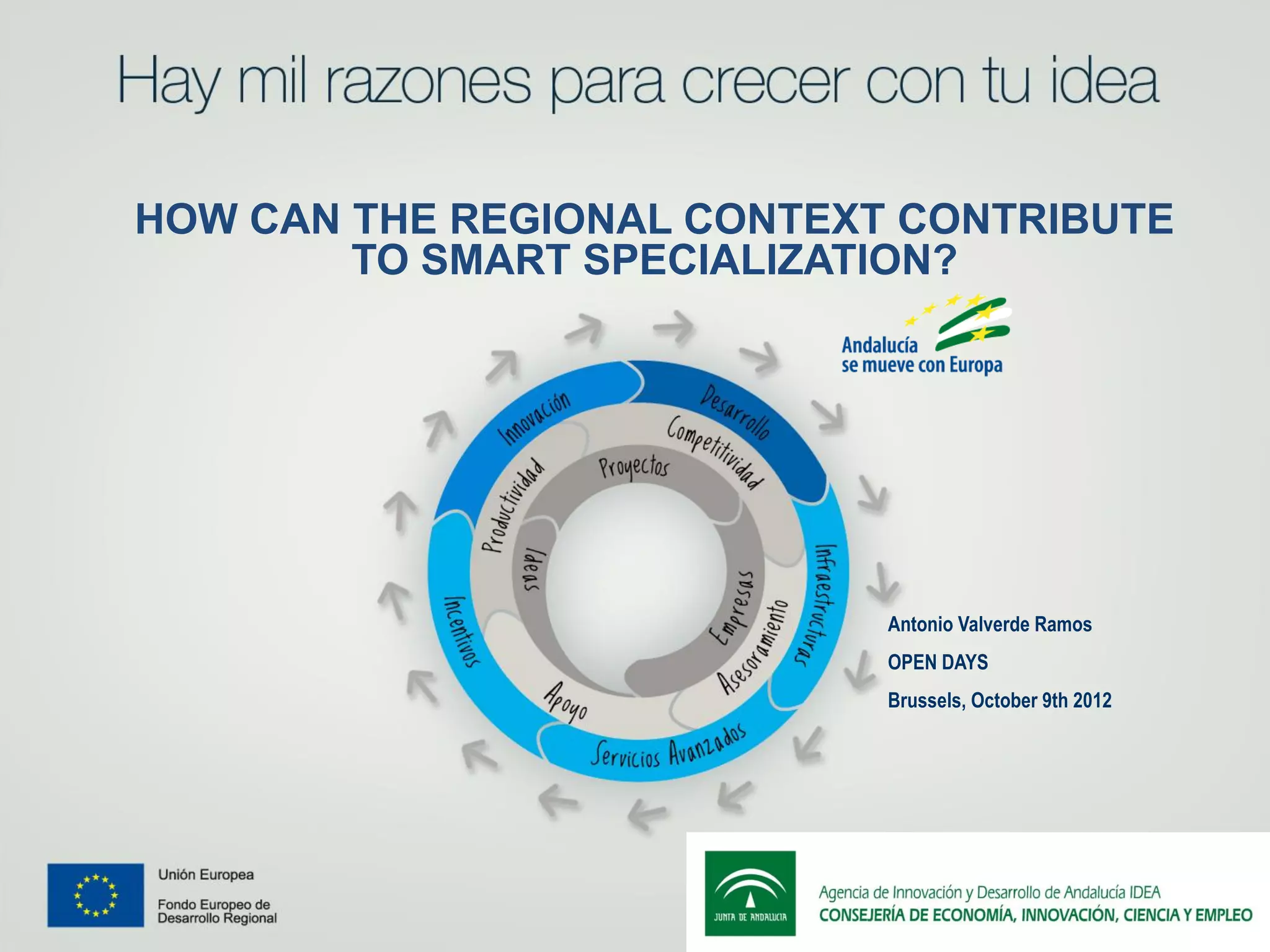 HOW CAN THE REGIONAL CONTEXT CONTRIBUTE
        TO SMART SPECIALIZATION?




                            Antonio Valverde Ramos
                            OPEN DAYS
                            Brussels, October 9th 2012
 