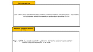 Cita: directa breve
Para Folger (2013), la exploración está supeditada al interés económico; porque “la ciencia y la curiosidad
son motivadores débiles comparados con la generación de riquezas” (p. 36).
Referencia: publicación periódica
(revista)
Folger, T. (2013). Muy lejos de las estrellas: ¿Estaremos algún día tan locos como para visitarlas?
National Geographic en Español, 32 (1), 30-41.
 