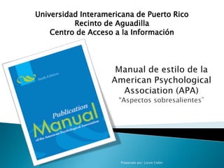 Preparado por: Lizzie Colón
Universidad Interamericana de Puerto Rico
Recinto de Aguadilla
Centro de Acceso a la Información
 