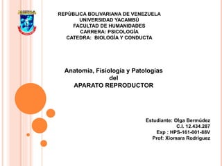 REPÙBLICA BOLIVARIANA DE VENEZUELA
UNIVERSIDAD YACAMBÚ
FACULTAD DE HUMANIDADES
CARRERA: PSICOLOGÍA
CATEDRA: BIOLOGÍA Y CONDUCTA
Anatomía, Fisiología y Patologías
del
APARATO REPRODUCTOR
Estudiante: Olga Bermúdez
C.I. 12.434.287
Exp : HPS-161-001-88V
Prof: Xiomara Rodríguez
 