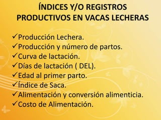 ÍNDICES Y/O REGISTROS
PRODUCTIVOS EN VACAS LECHERAS
Producción Lechera.
Producción y número de partos.
Curva de lactación.
Días de lactación ( DEL).
Edad al primer parto.
Índice de Saca.
Alimentación y conversión alimenticia.
Costo de Alimentación.
 