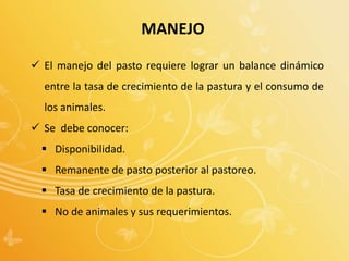 MANEJO
 El manejo del pasto requiere lograr un balance dinámico
entre la tasa de crecimiento de la pastura y el consumo de
los animales.
 Se debe conocer:
 Disponibilidad.
 Remanente de pasto posterior al pastoreo.
 Tasa de crecimiento de la pastura.
 No de animales y sus requerimientos.
 