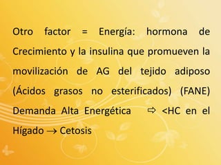 Otro factor = Energía: hormona de
Crecimiento y la insulina que promueven la
movilización de AG del tejido adiposo
(Ácidos grasos no esterificados) (FANE)
Demanda Alta Energética  <HC en el
Hígado  Cetosis
 